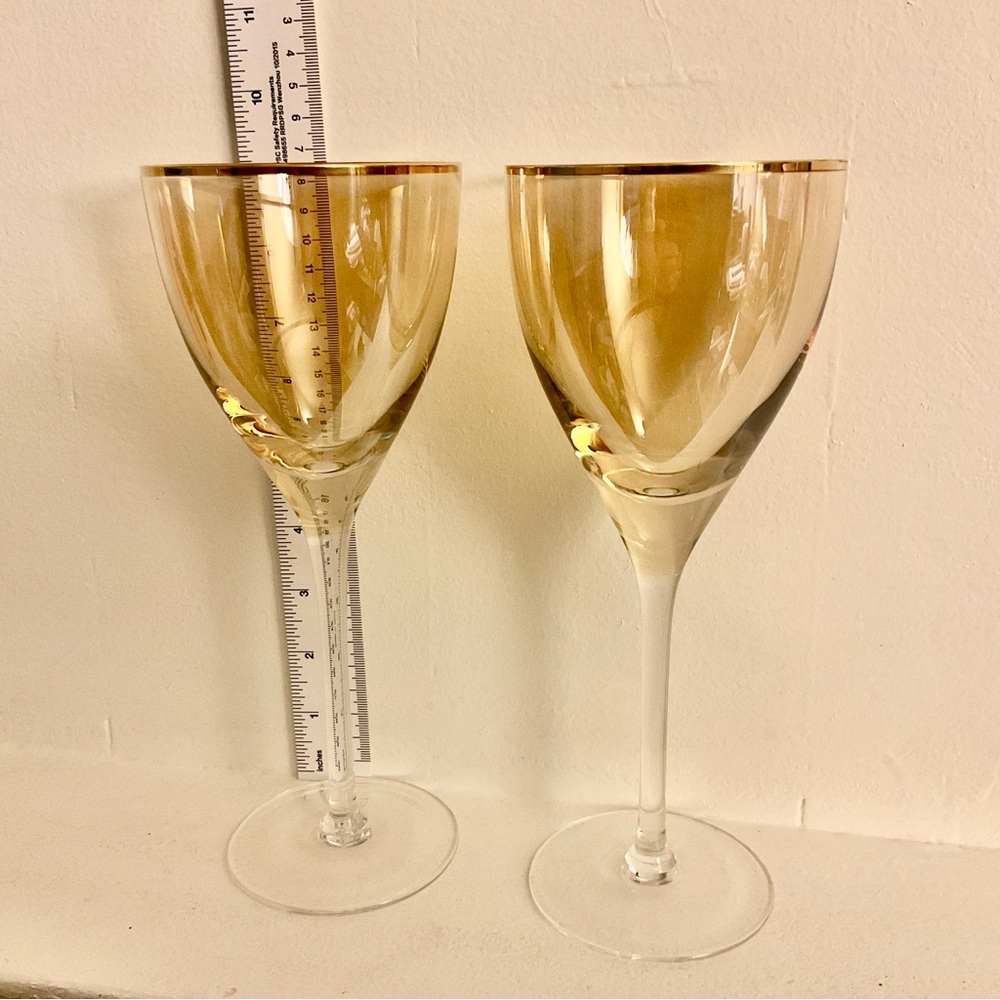 Anthropologie Gold Rim Iridescent Amber Wine Glasses 9.25” Set of 2 - Picture 6 of 6
